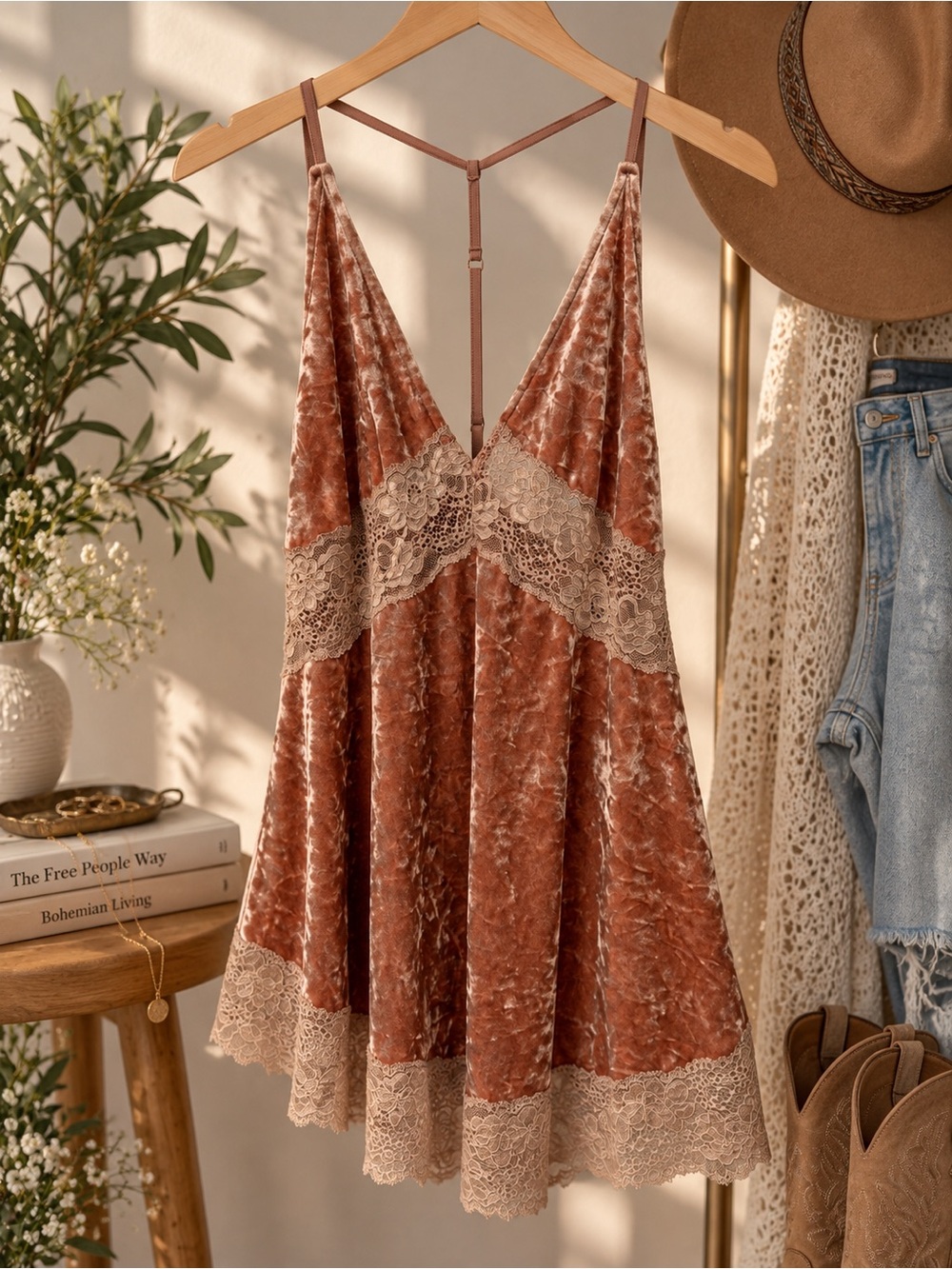 Free People Velvet Lace Trim Slip Tank in Dusty Rose and Beige